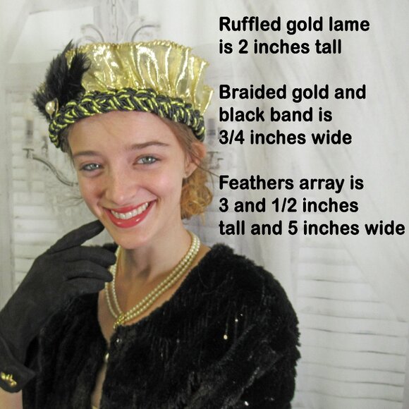 Flapper style softly ruffled gold lame fabric headband on black/gold braid band - Picture 4 of 15